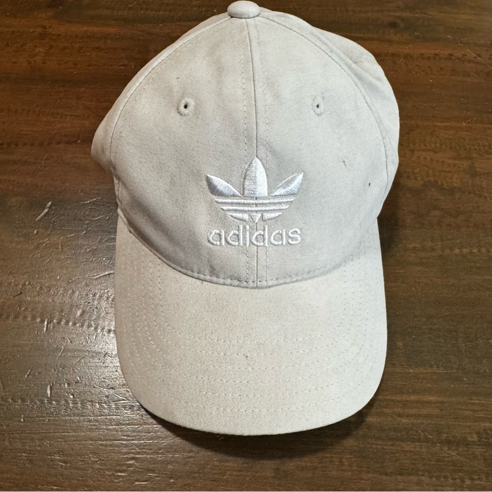Light Gray And White Embroidered Adidas Hat Adjustable With Adidas Logos Inside